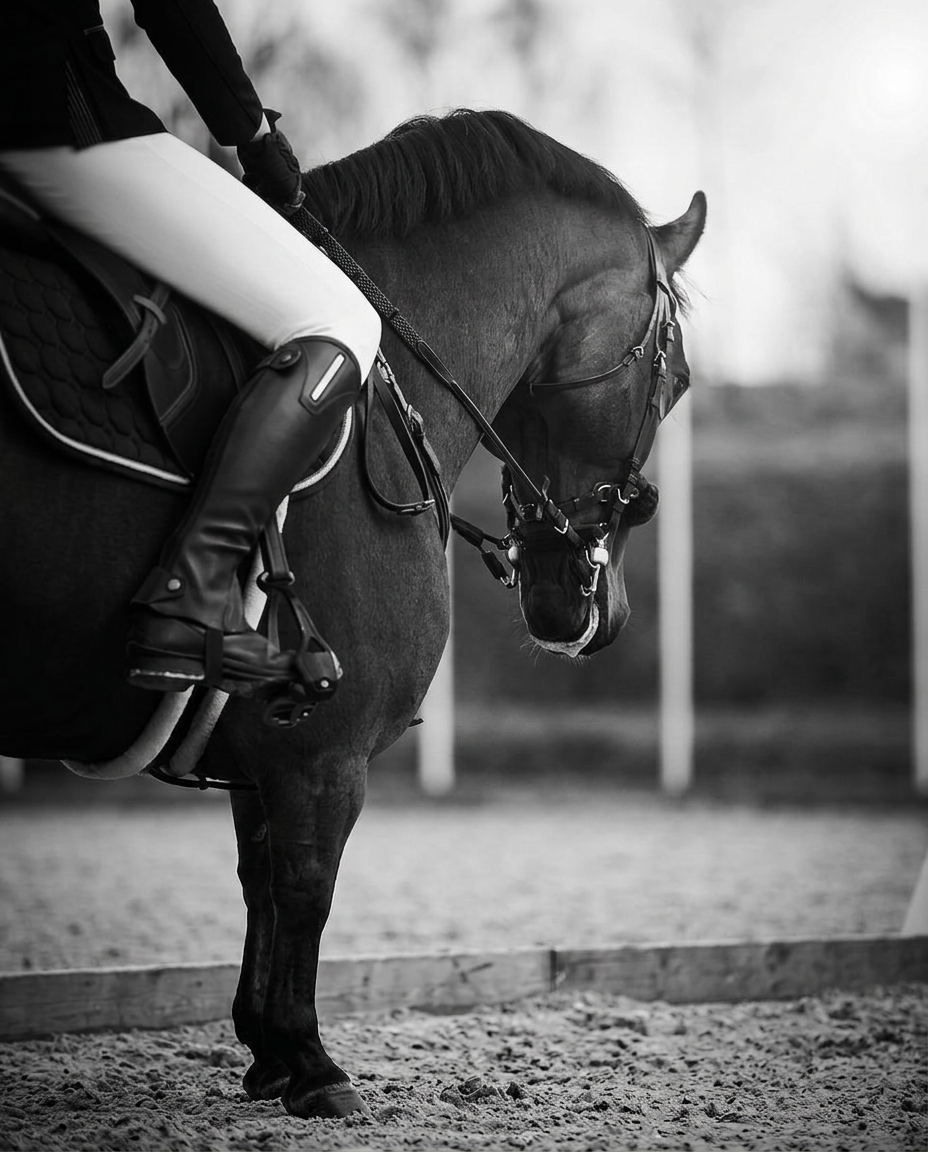 A rider and horse sharing a quiet moment in the arena
